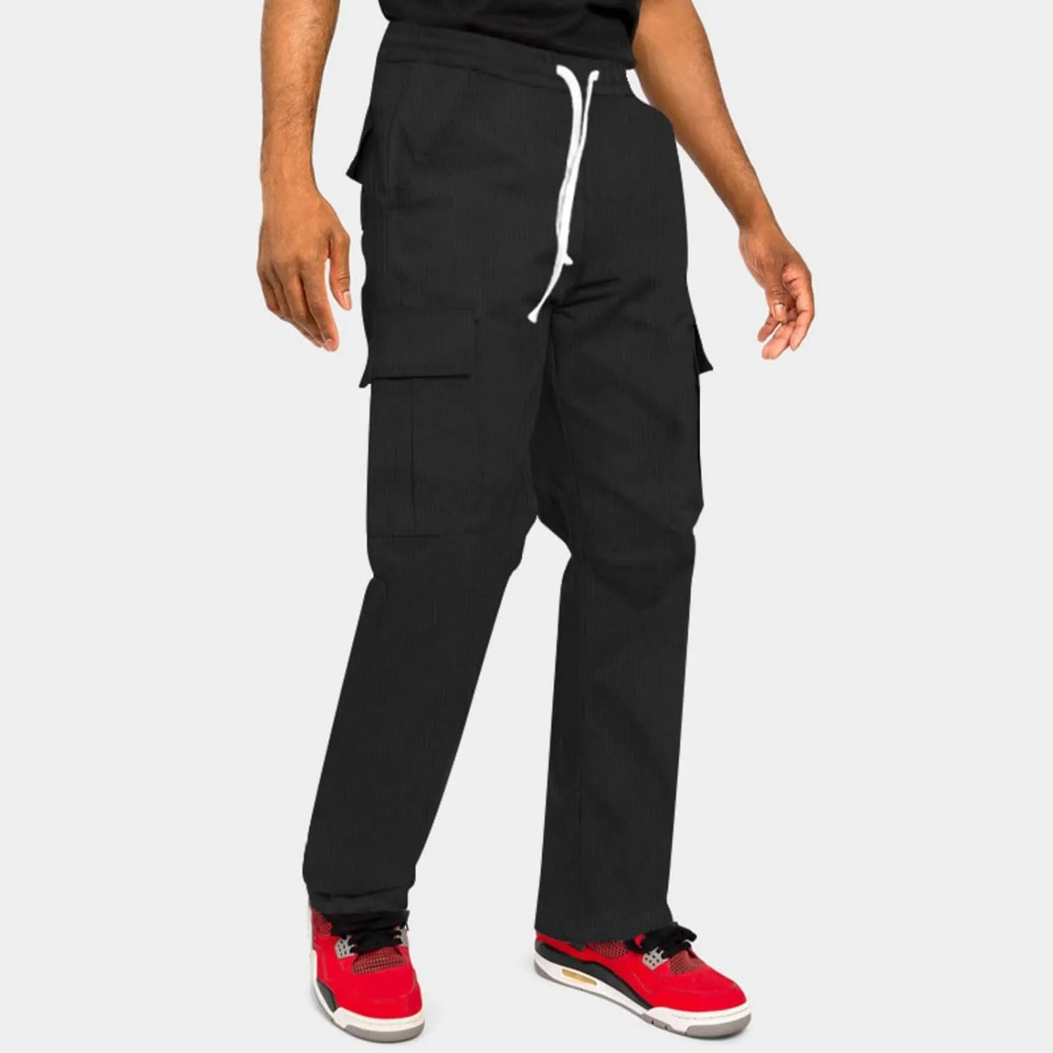 Mens Casual Cargo Pants Joggers Elastic Waist Stretch Drawstring Relaxed Fit Hiking Trousers Multi Pockets