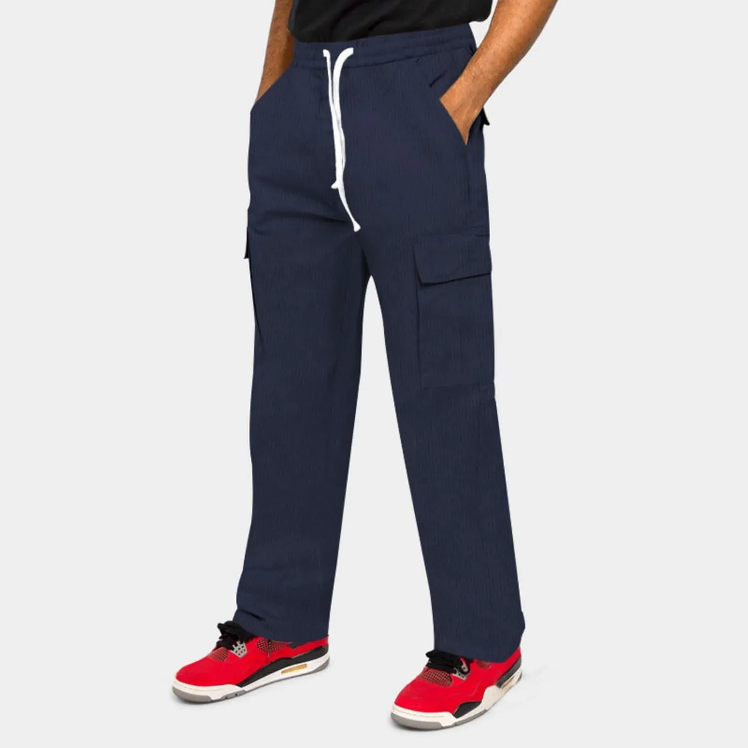 Mens Casual Cargo Pants Joggers Elastic Waist Stretch Drawstring Relaxed Fit Hiking Trousers Multi Pockets