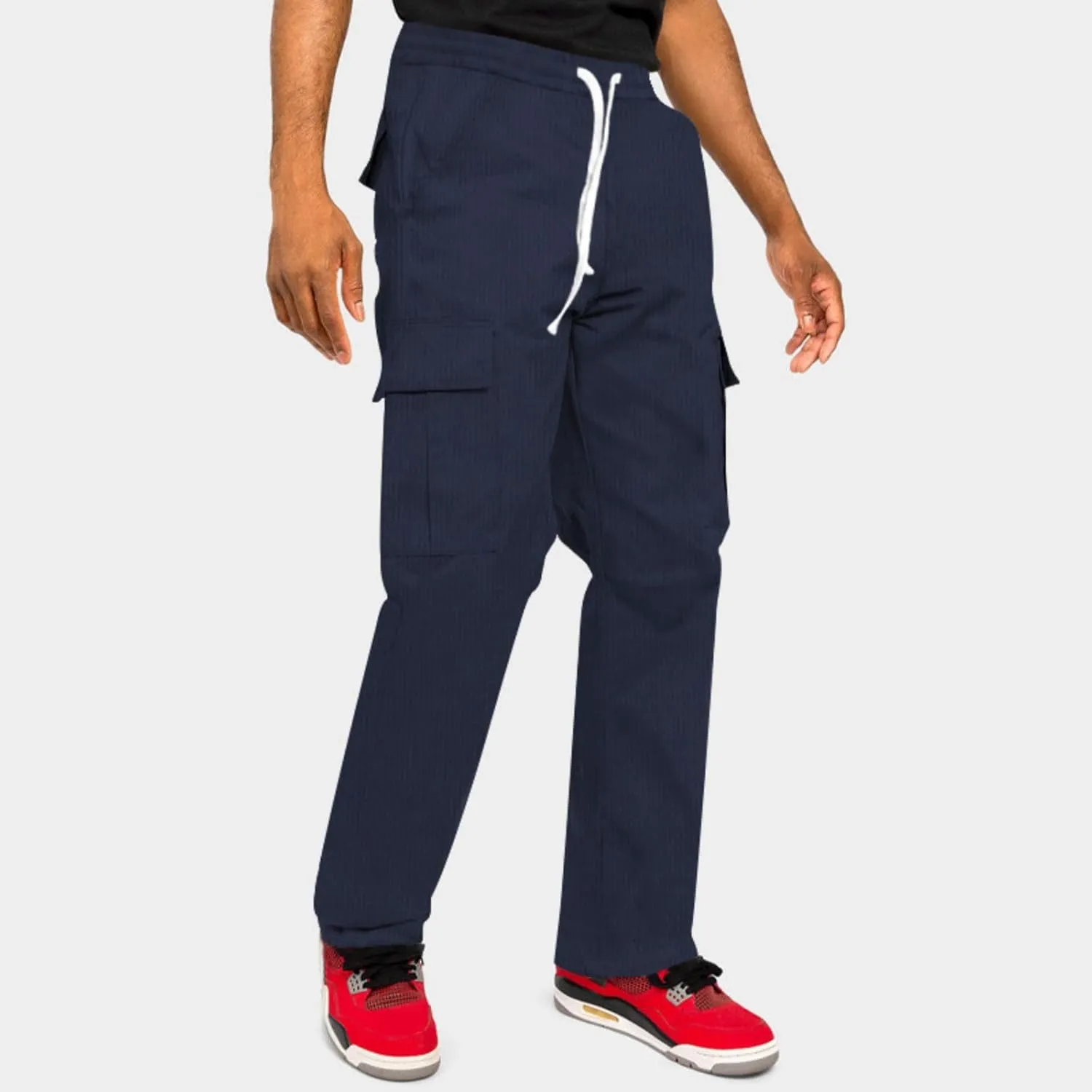 Mens Casual Cargo Pants Joggers Elastic Waist Stretch Drawstring Relaxed Fit Hiking Trousers Multi Pockets