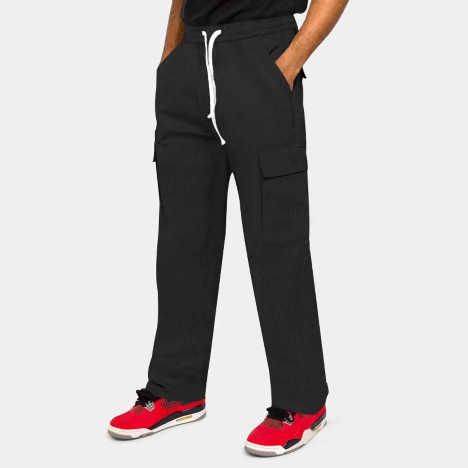Mens Casual Cargo Pants Joggers Elastic Waist Stretch Drawstring Relaxed Fit Hiking Trousers Multi Pockets