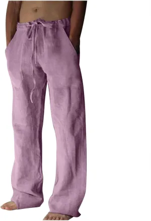 Mens Casual Linen Pants Loose Elastic Drawstring Waist Straight-Legs Summer Lightweight Yoga Beach Pants with Pockets