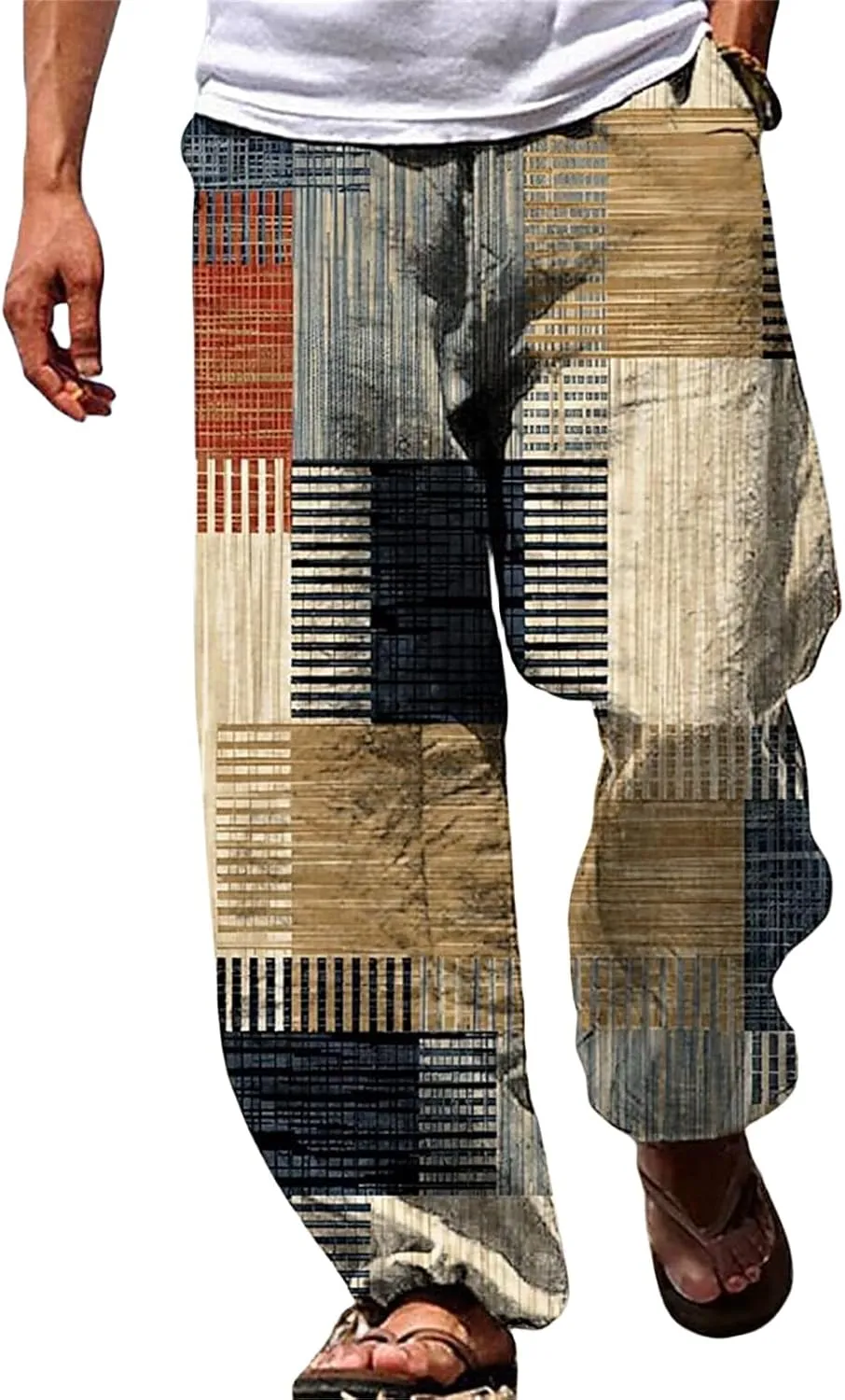 Men's Casual Linen Pants Tall Printed Drawstring Elastic Waist Straight Leg Trouser Summer Beach Yoga Baggy Pants