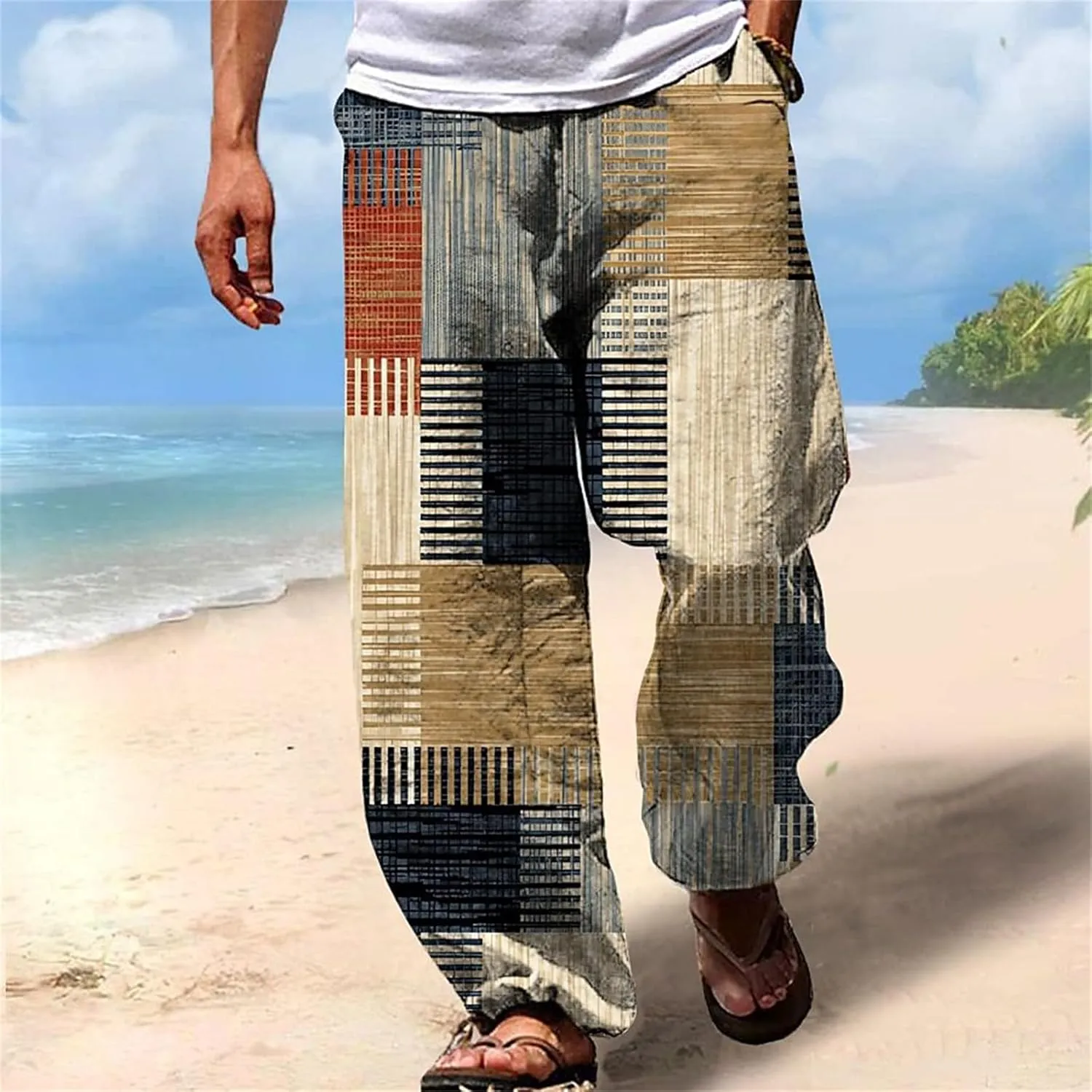 Men's Casual Linen Pants Tall Printed Drawstring Elastic Waist Straight Leg Trouser Summer Beach Yoga Baggy Pants