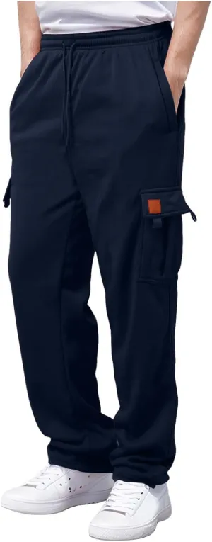 Men's Casual Sweatpants Drawstring Baggy Wide Straight Leg Relaxed Fit Overalls Multi-Pocket Trousers