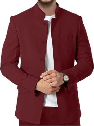 Men's Chinese Tunic Suits Stand Collar Jacket Slim Fit 2 Piece Suits Traditional Uniform Blazer Pant Set