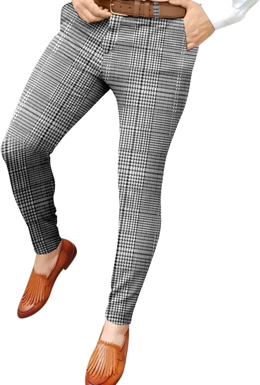 Men's Dress Plaid Pants Classic Fit Expandable Waist Cozy Stretch Regular Formal Lightweight Casual Flat Front Pants