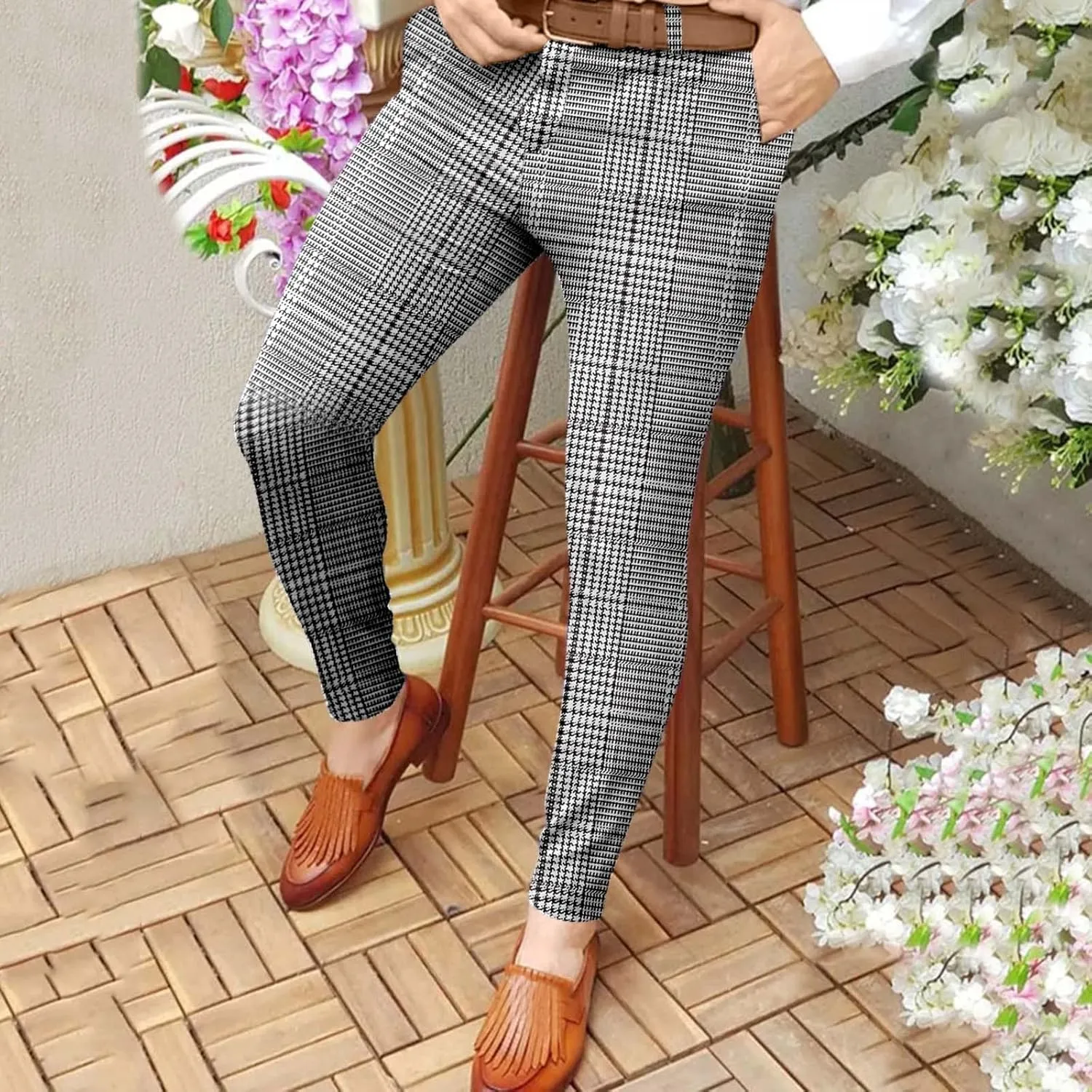 Men's Dress Plaid Pants Classic Fit Expandable Waist Cozy Stretch Regular Formal Lightweight Casual Flat Front Pants