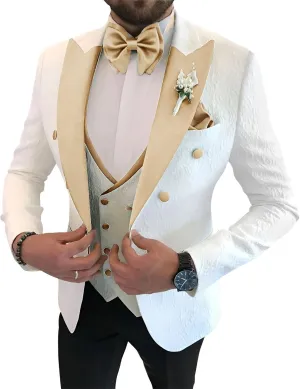 Men's Floral Jacquard Tuxedo Suits Slim Fit 3 Piece Suits Peak Lapel Wedding Suit for Men