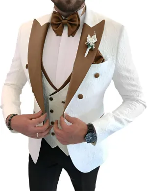 Men's Floral Jacquard Tuxedo Suits Slim Fit 3 Piece Suits Peak Lapel Wedding Suit for Men