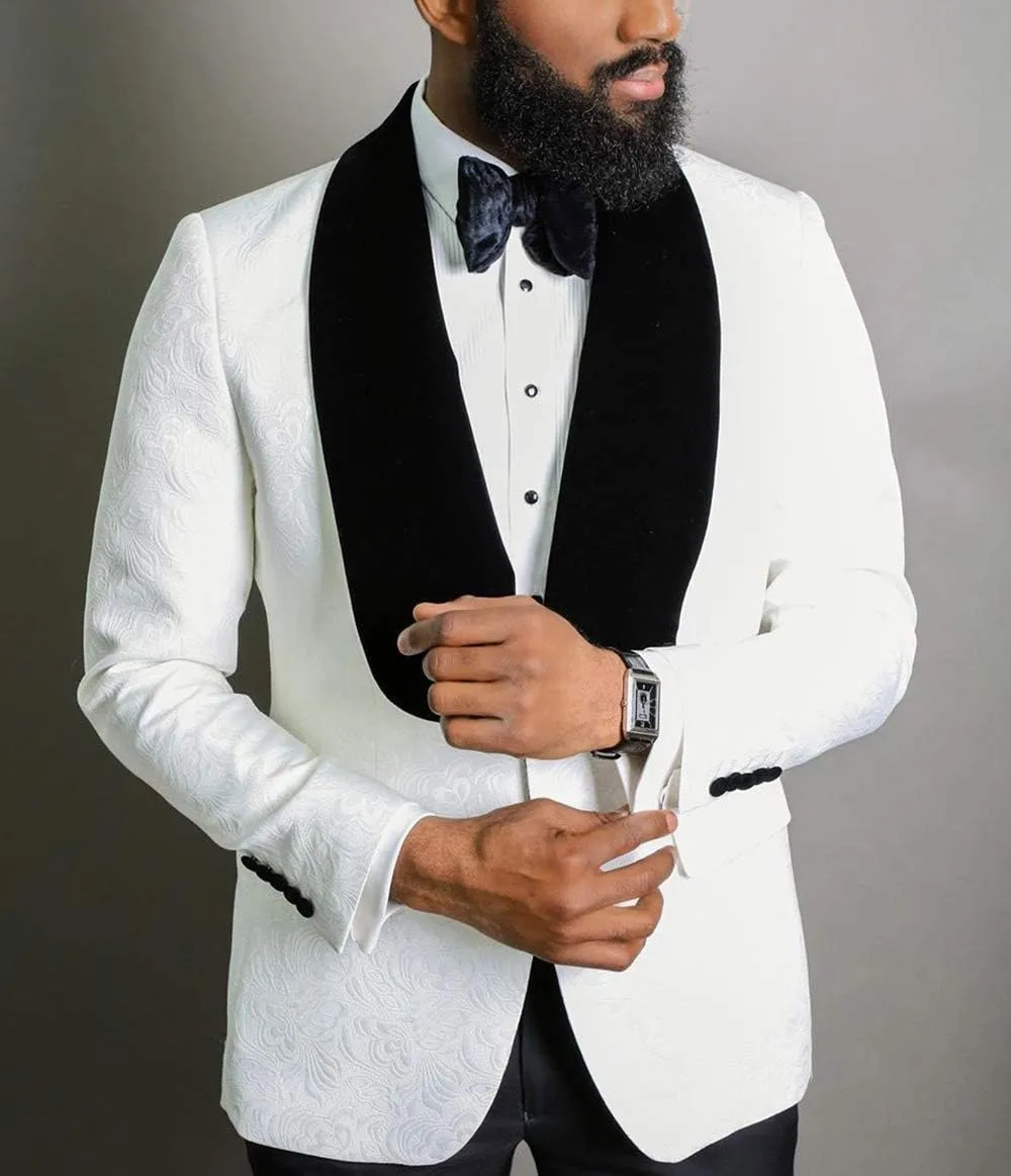 Men's Formal Business Printing Blazer Slim Fit Shawl Lapel Blazer Groomsmen Tuxedos for Wedding with Pants