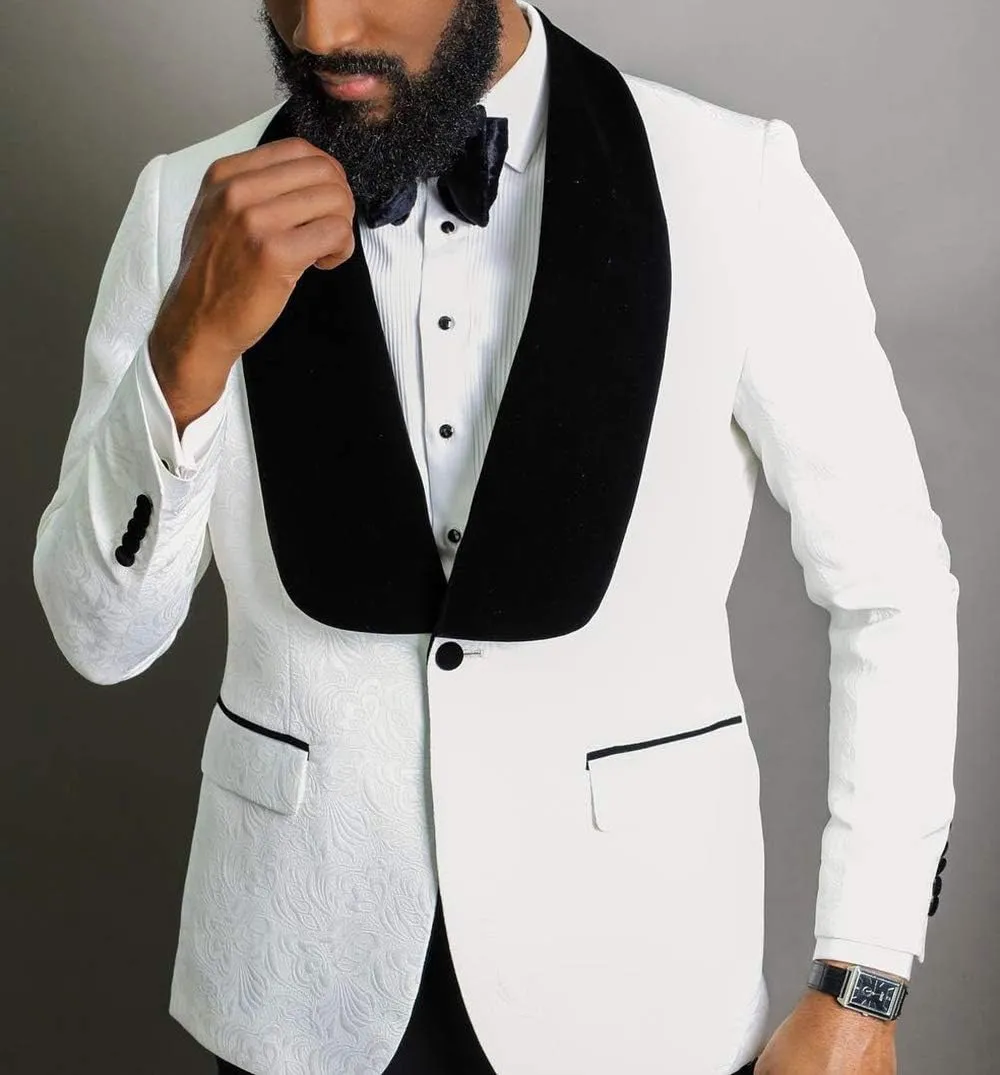 Men's Formal Business Printing Blazer Slim Fit Shawl Lapel Blazer Groomsmen Tuxedos for Wedding with Pants