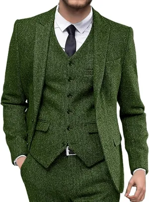 Men's Herringbone Tweed Suits Retro Slim Fit 3 Piece Suit Wool Suits 1920's Themed Wedding Suit