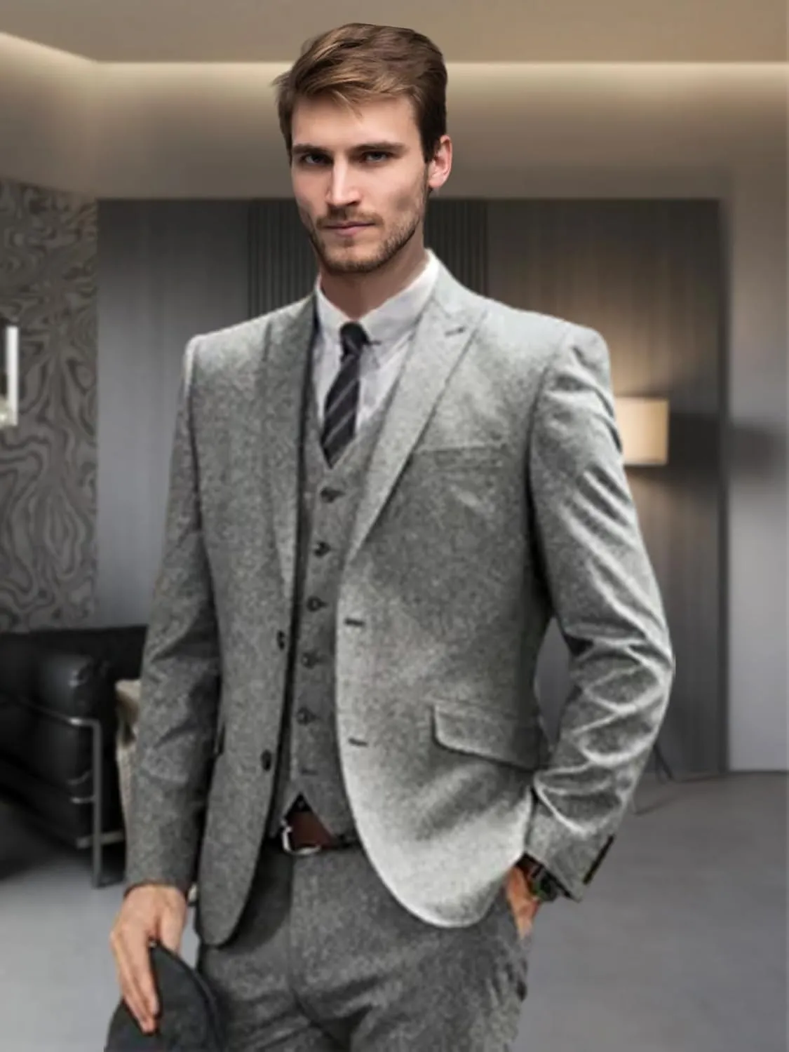 Men's Herringbone Tweed Suits Retro Slim Fit 3 Piece Suit Wool Suits 1920's Themed Wedding Suit
