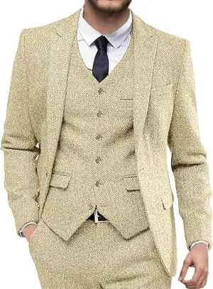 Men's Herringbone Tweed Suits Retro Slim Fit 3 Piece Suit Wool Suits 1920's Themed Wedding Suit