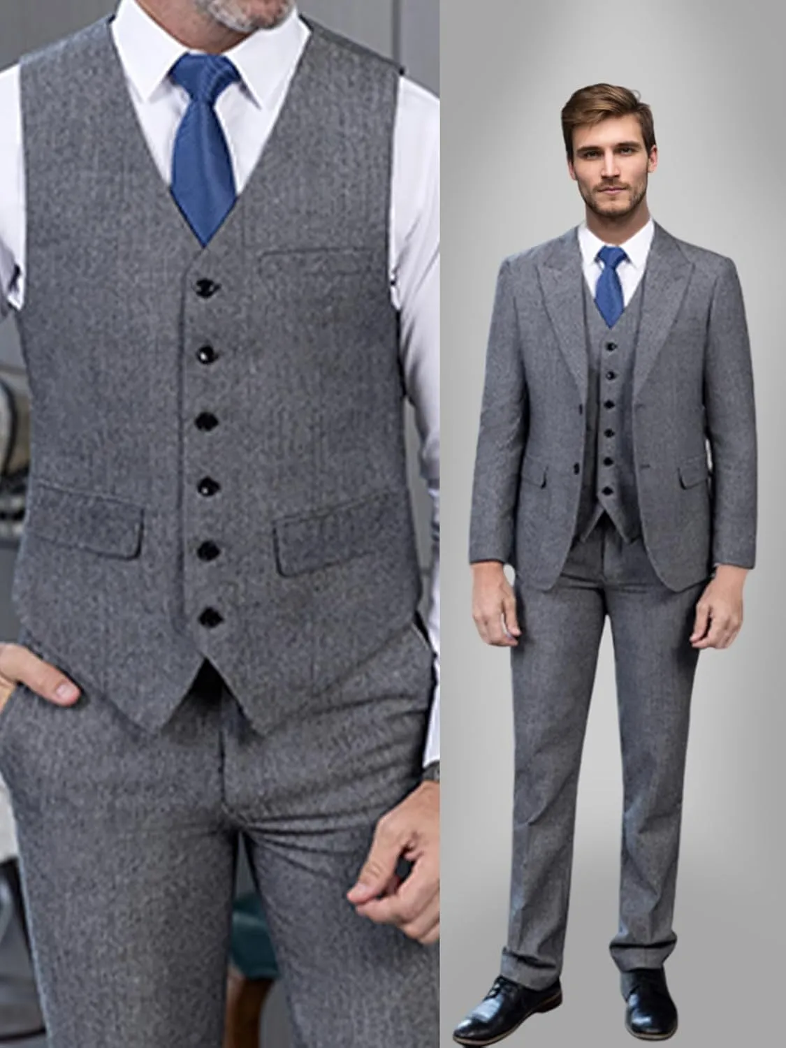 Men's Herringbone Tweed Suits Retro Slim Fit 3 Piece Suit Wool Suits 1920's Themed Wedding Suit