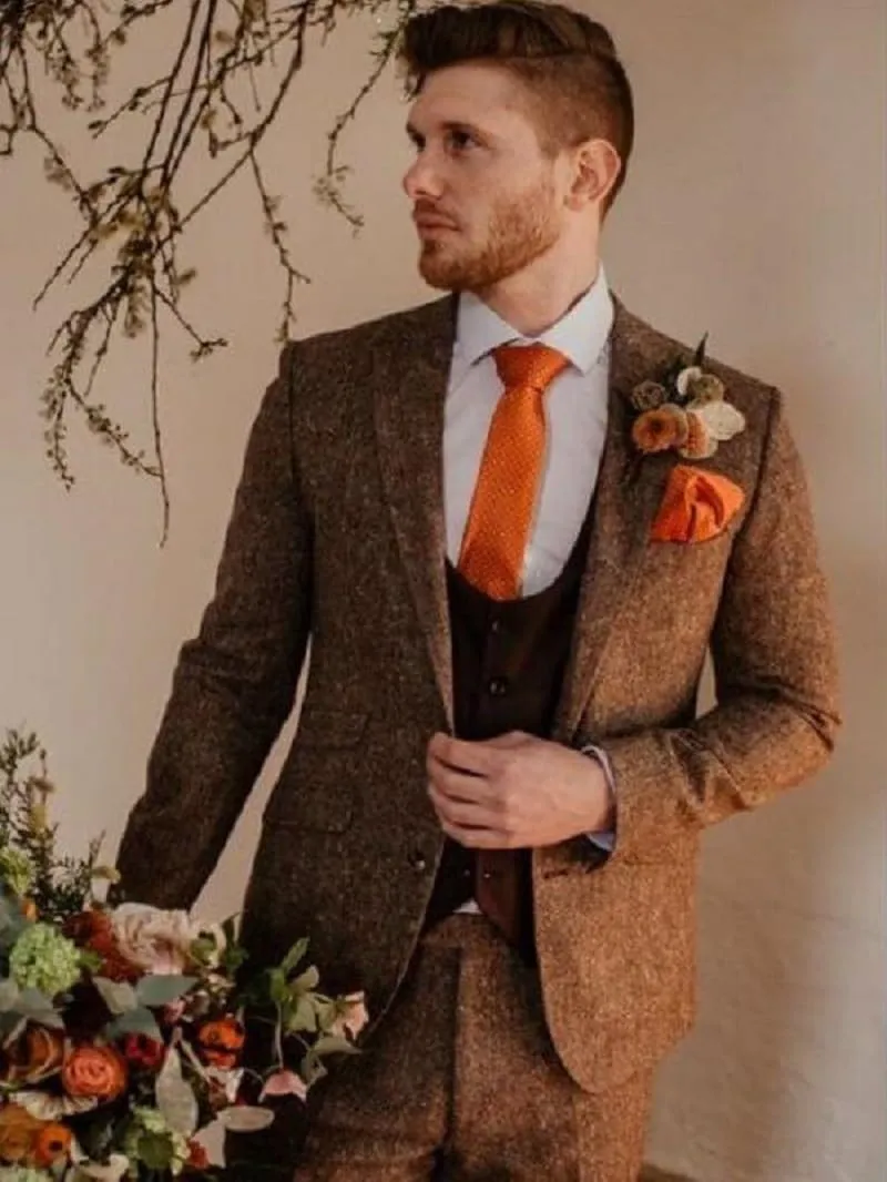Men's Herringbone Tweed Suits Retro Slim Fit 3 Piece Suit Wool Suits 1920's Themed Wedding Suit