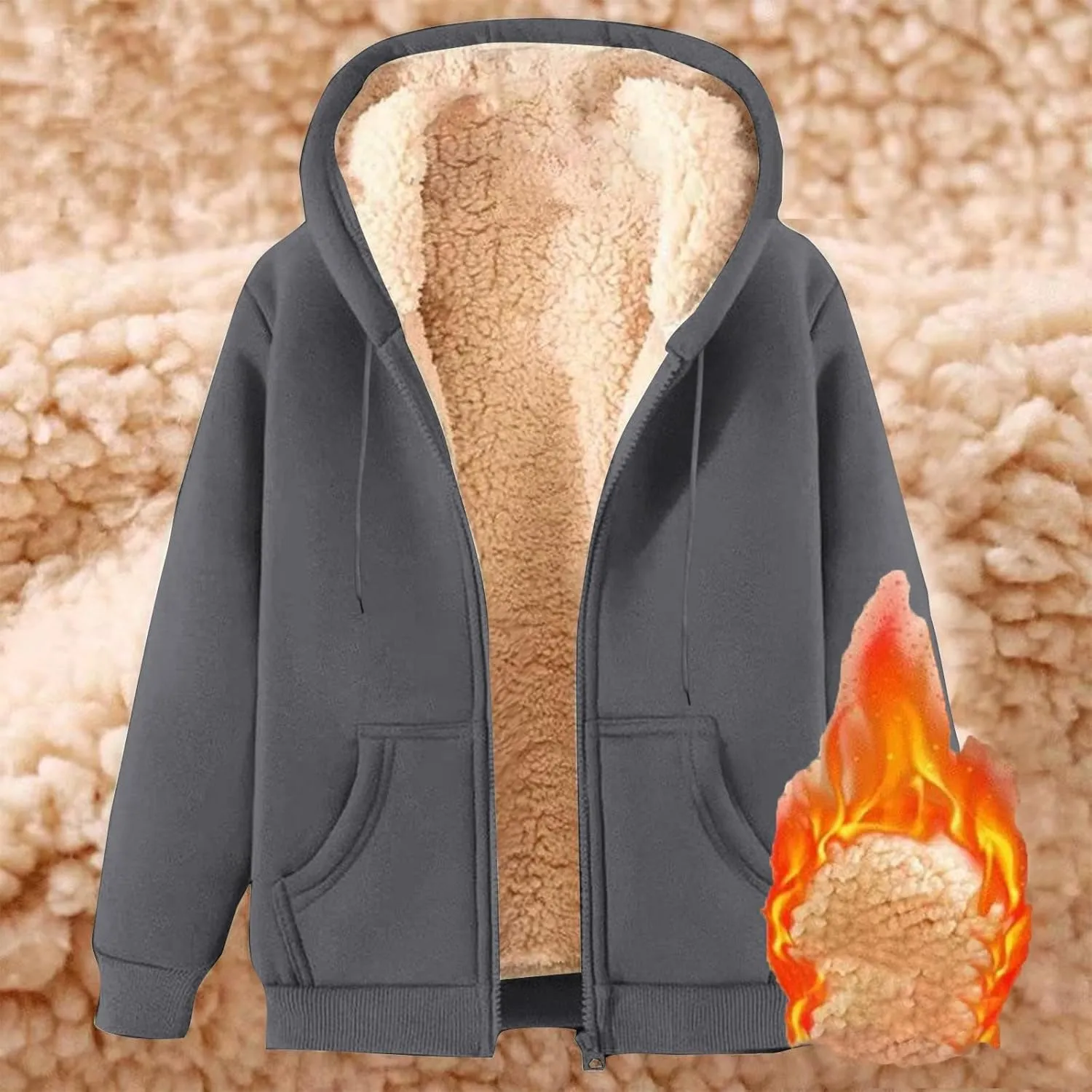 Men's Jacket Hooded Full Zip Up Fleece Warm Thick Jackets Winter Long Sleeve Hoodie Jacket Casual Padded Jacket