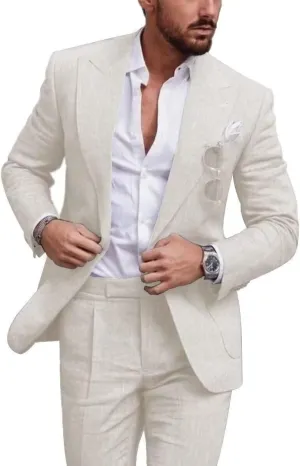 Men's Linen Suits Slim Fit 2 Piece Casual Summer Beach Wedding Suit Seersucker Suits Blazer Pants Set