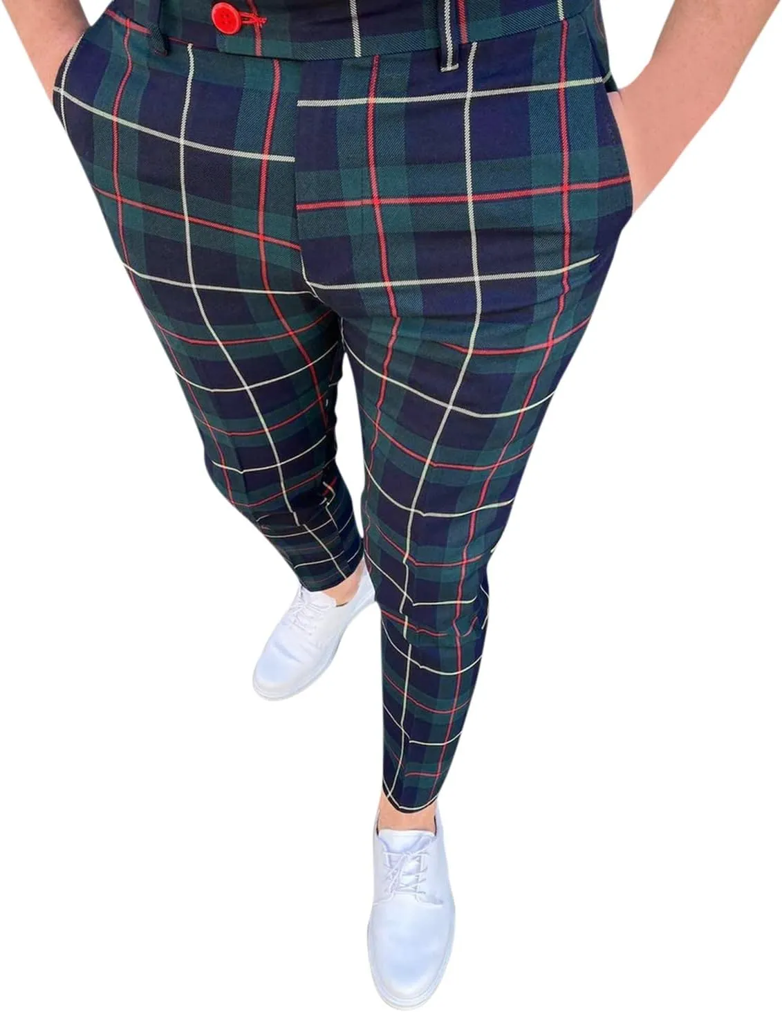 Men's Pants Dress Plaid Classic Fit Expandable Waist Cozy Stretch Regular Formal Lightweight Premium Flat Front Pants
