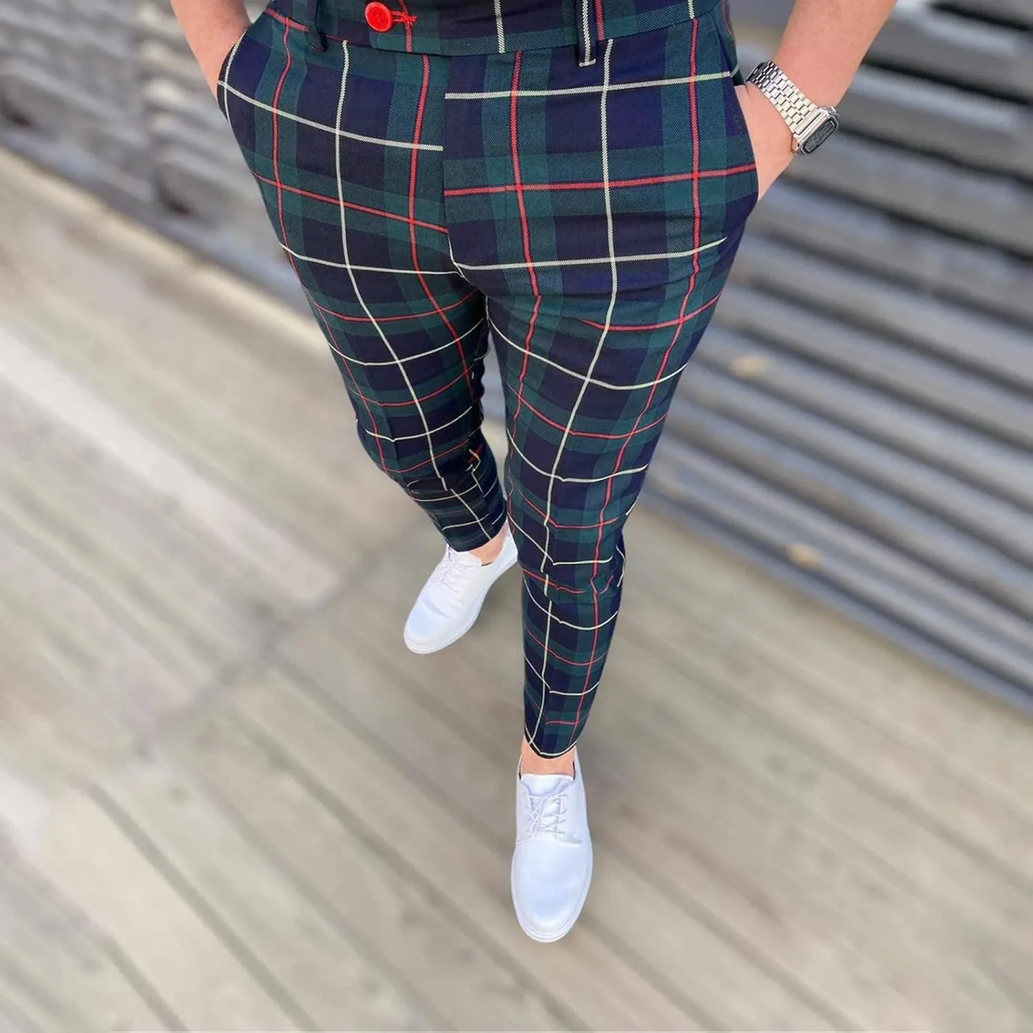 Men's Pants Dress Plaid Classic Fit Expandable Waist Cozy Stretch Regular Formal Lightweight Premium Flat Front Pants
