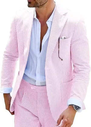 Mens Seersucker Summer Suits 2 Pieces Blazer Pants Suit for Wedding Mens Formal Suits Slim Fit Chic