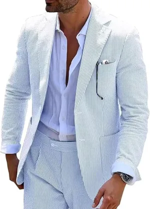 Mens Seersucker Summer Suits 2 Pieces Blazer Pants Suit for Wedding Mens Formal Suits Slim Fit Chic