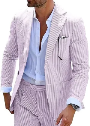 Mens Seersucker Summer Suits 2 Pieces Blazer Pants Suit for Wedding Mens Formal Suits Slim Fit Chic