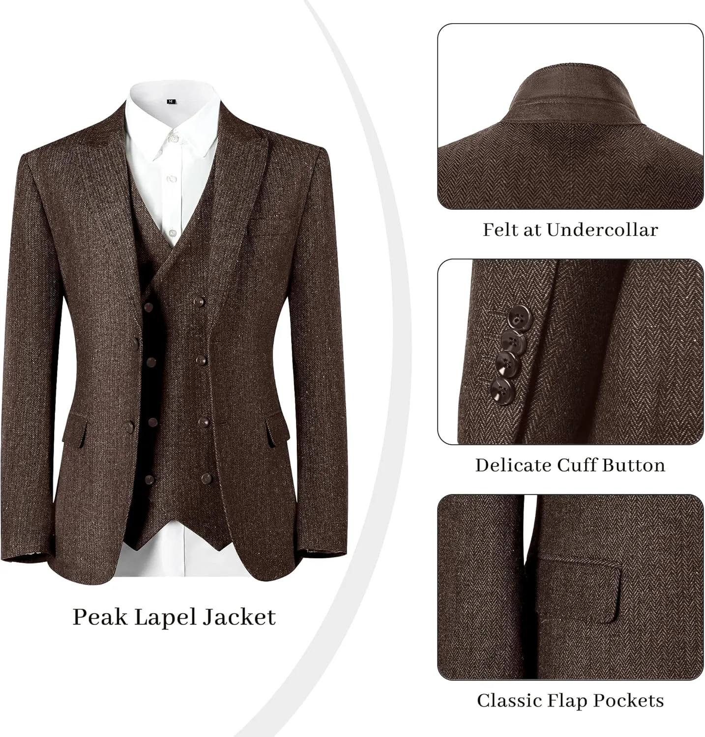 Men's Suits Herringbone Tweed Suits for Men Retro 3 Piece Peak Lapel Blazer Wedding Prom Suit Jacket Vest Pants Set