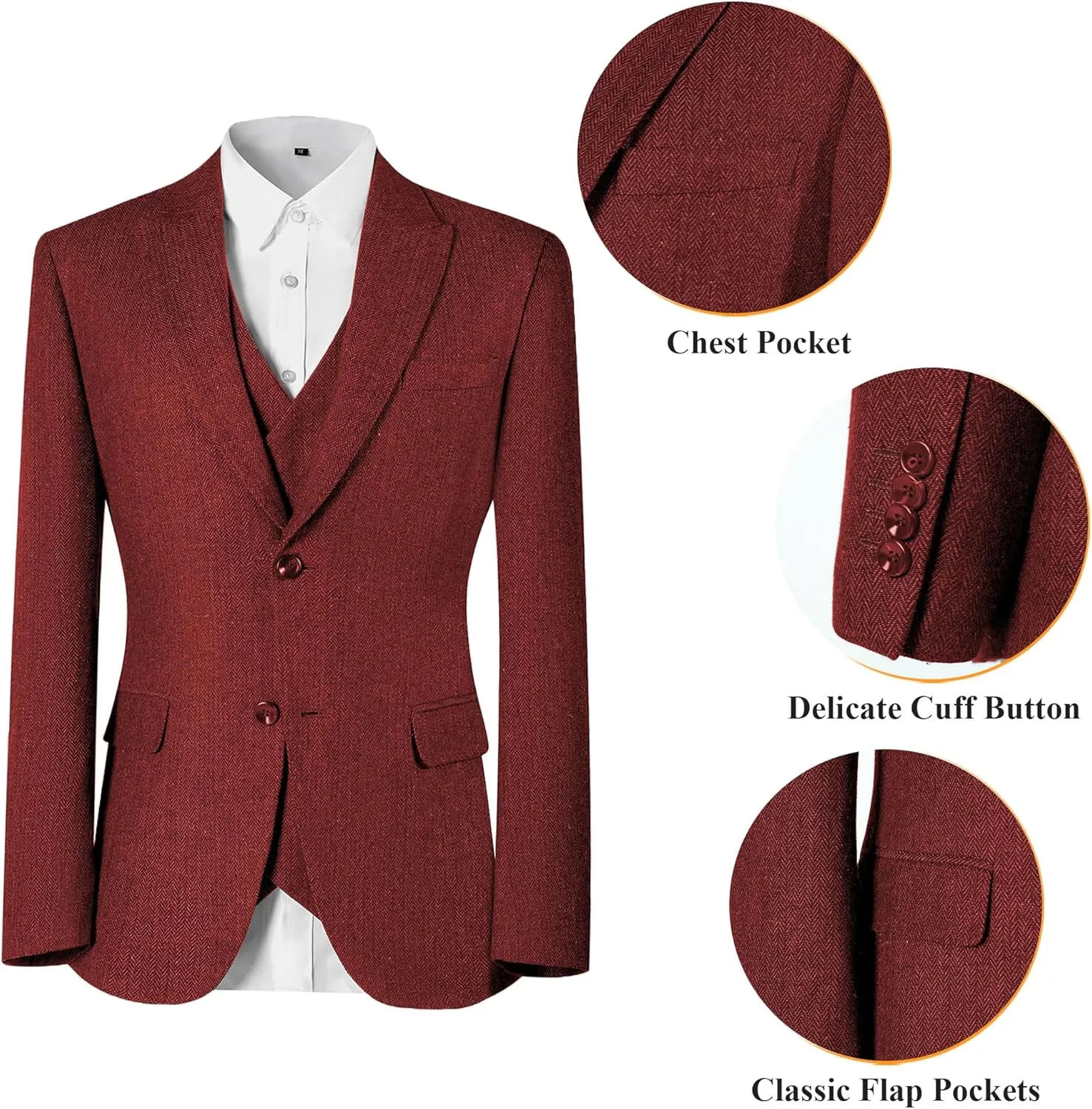 Men's Suits Herringbone Tweed Suits for Men Retro 3 Piece Peak Lapel Blazer Wedding Prom Suit Jacket Vest Pants Set