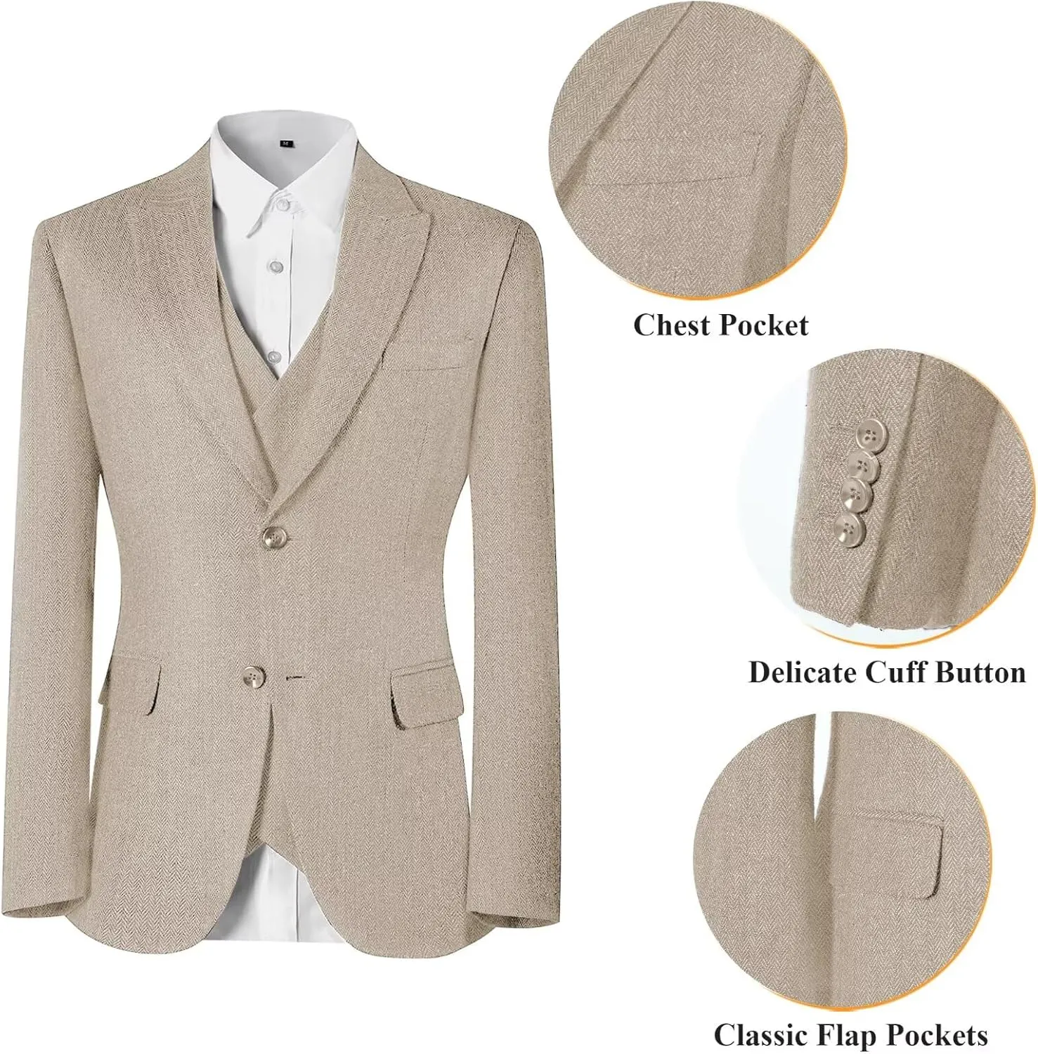 Men's Suits Herringbone Tweed Suits for Men Retro 3 Piece Peak Lapel Blazer Wedding Prom Suit Jacket Vest Pants Set