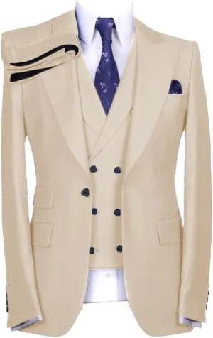 Men's Suits Regular Fit 3 Piece Double Breasted Solid Tuxedos Business Jacket Blazer Vest Pants Wedding Grooms