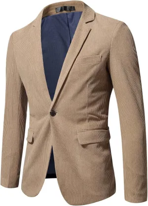Mens Suits,Men's Casual Corduroy Blazer Jacket One Button Suit Jacket Slim Fit Sport Coat for Autumn Winter