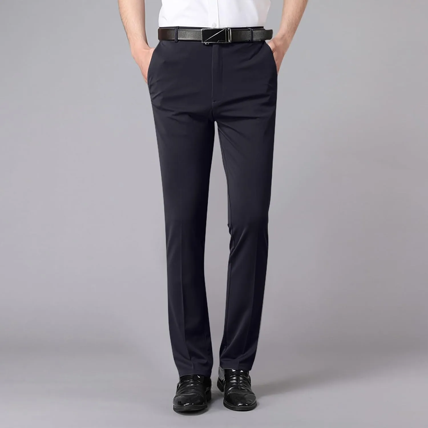 Men's Tapered Trousers Stylish Slim-Fit Business Dress Pants Solid Office Trouser Straight Leg Formal Suit Pants