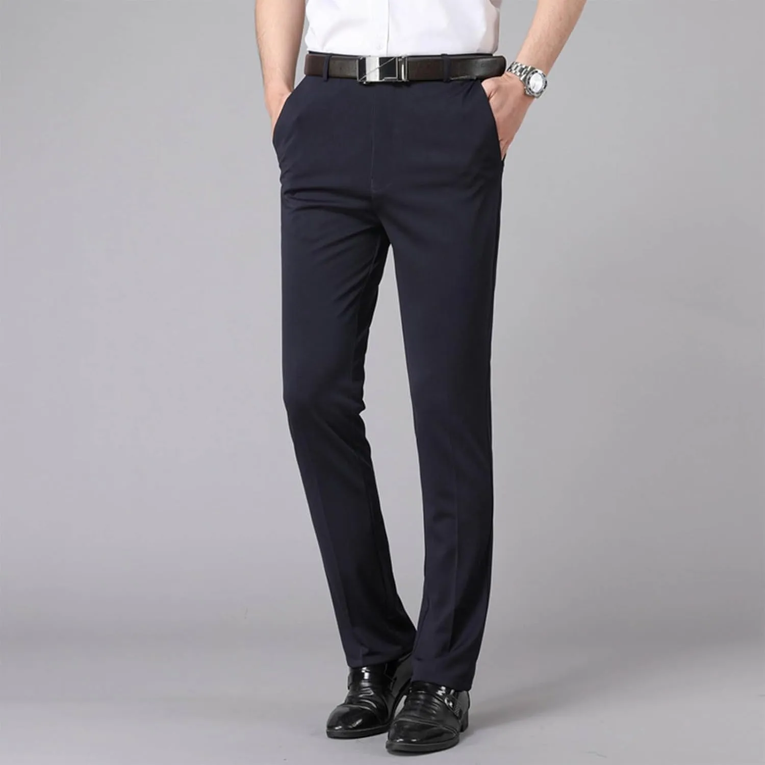 Men's Tapered Trousers Stylish Slim-Fit Business Dress Pants Solid Office Trouser Straight Leg Formal Suit Pants