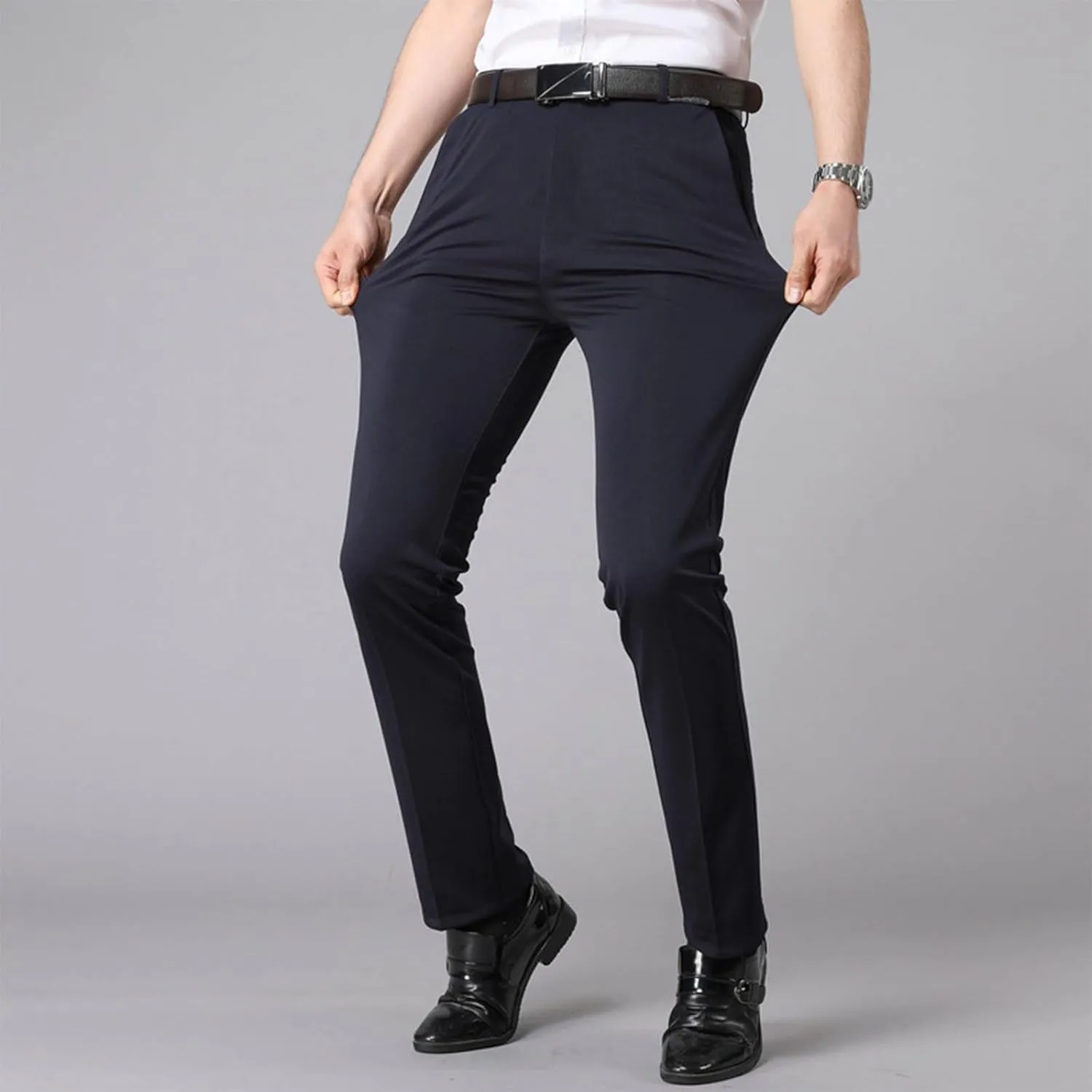 Men's Tapered Trousers Stylish Slim-Fit Business Dress Pants Solid Office Trouser Straight Leg Formal Suit Pants