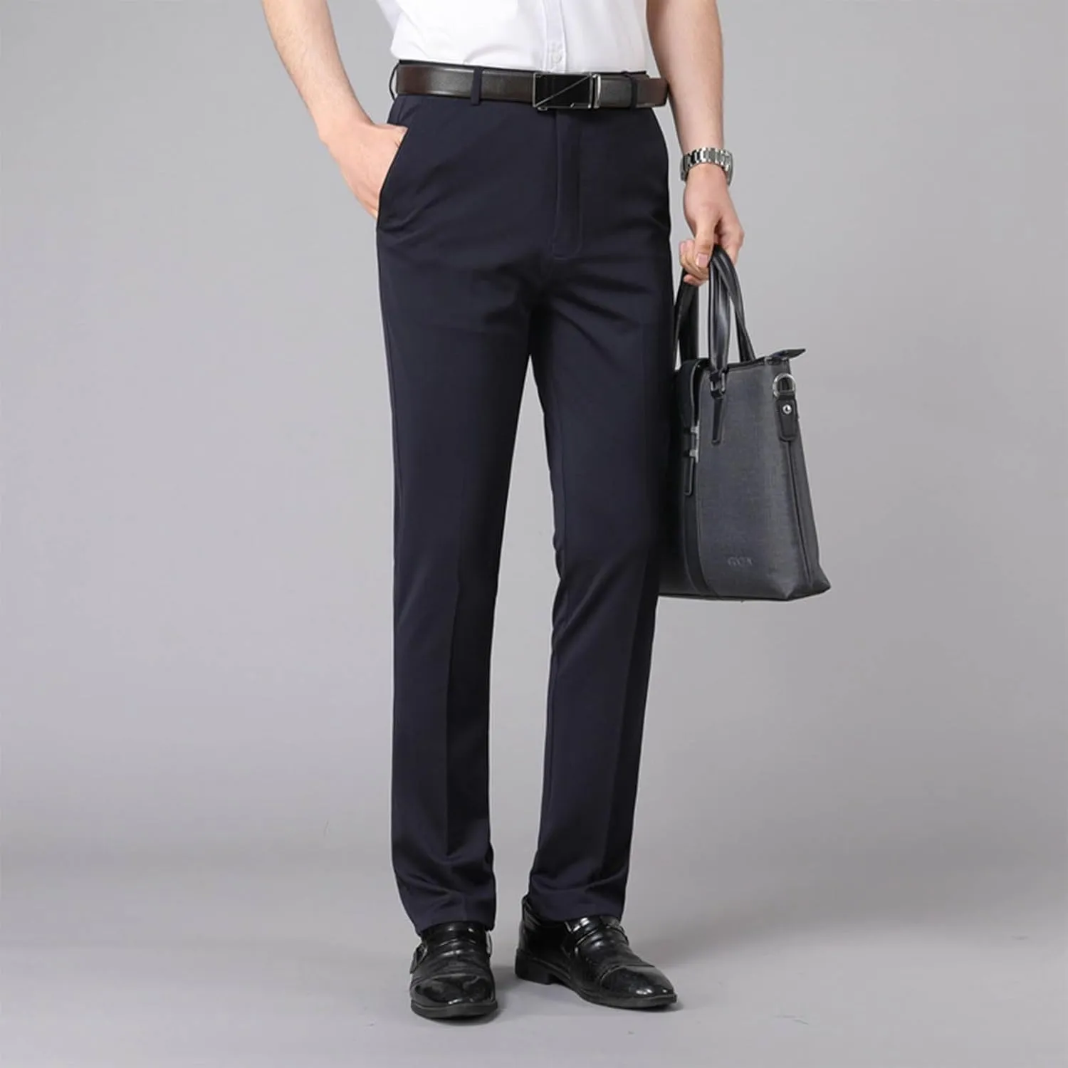 Men's Tapered Trousers Stylish Slim-Fit Business Dress Pants Solid Office Trouser Straight Leg Formal Suit Pants