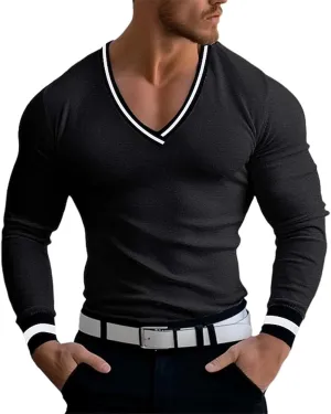 Mens V Neck Low Cut Stretch Muscle Basic Pullover Shirts Tops Slim Fit Thermal Long Sleeve Casual Grunge Sweater