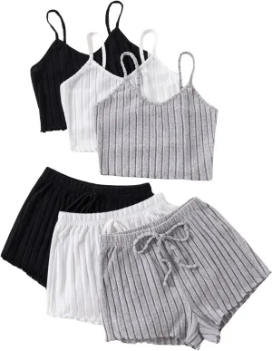 Milumia Women's 3 Sets Ribbed Knit Pajama Set Cami Top Shorts Lounge Sleepwear