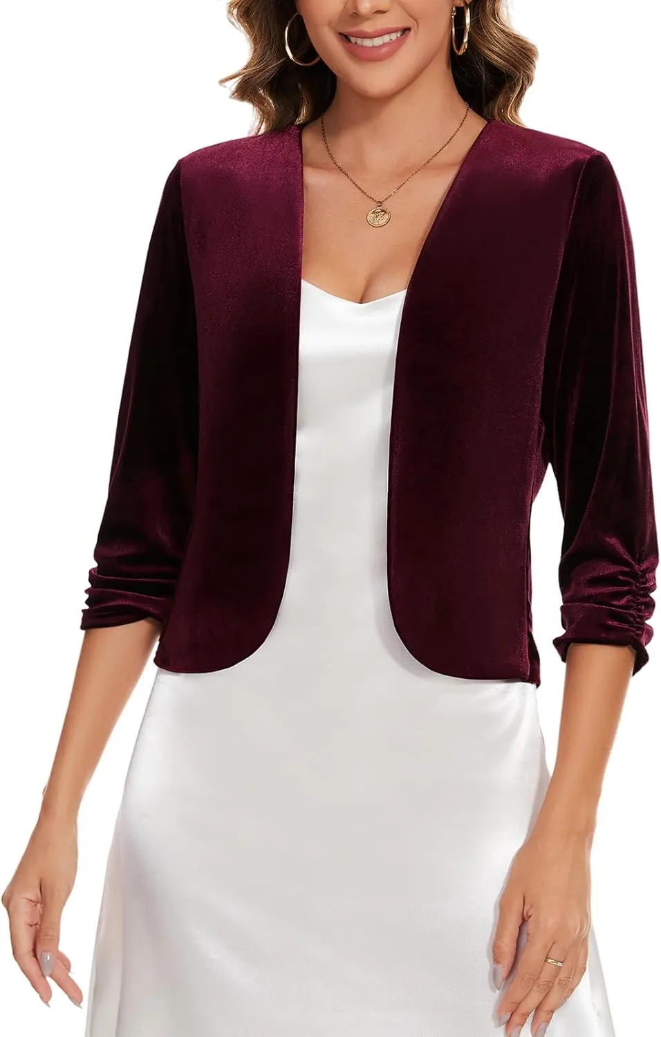 MINTLIMIT Velvet Blazers for Women 3/4 Ruched Sleeve Open Front Casual Work Office Cropped Cardigan Suit Jacket