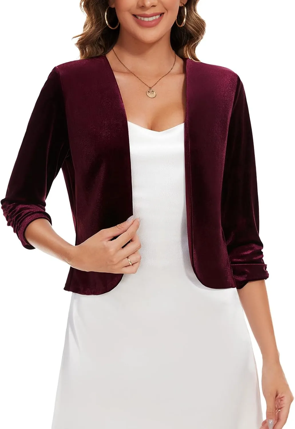 MINTLIMIT Velvet Blazers for Women 3/4 Ruched Sleeve Open Front Casual Work Office Cropped Cardigan Suit Jacket