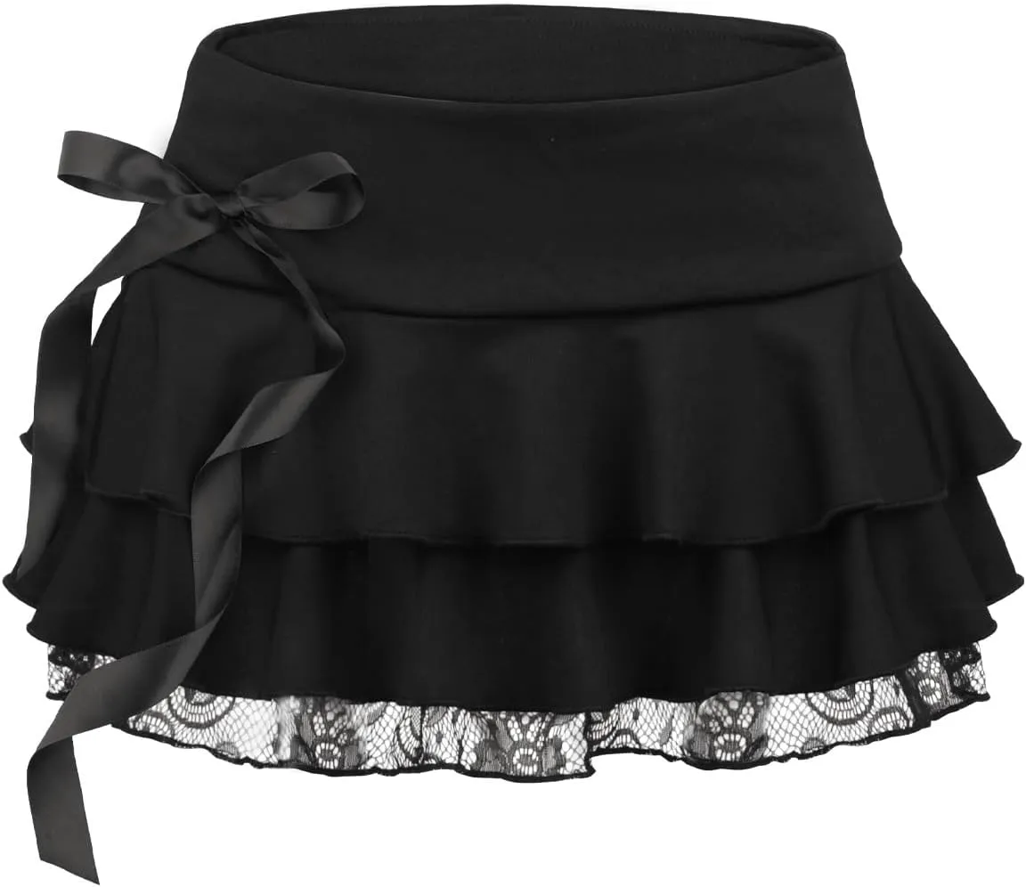 Monbessi Mini Skirt for Women Ruffle Skirt Lace Pleated Mini Skirt Gothic Short Skirt Halloween Sexy Skirt Two Layer