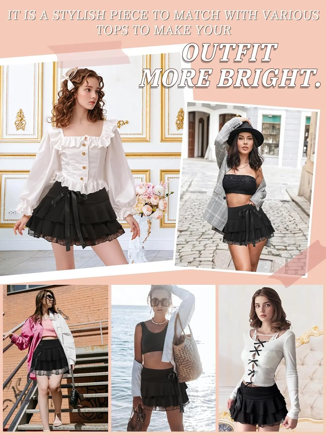 Monbessi Mini Skirt for Women Ruffle Skirt Lace Pleated Mini Skirt Gothic Short Skirt Halloween Sexy Skirt Two Layer