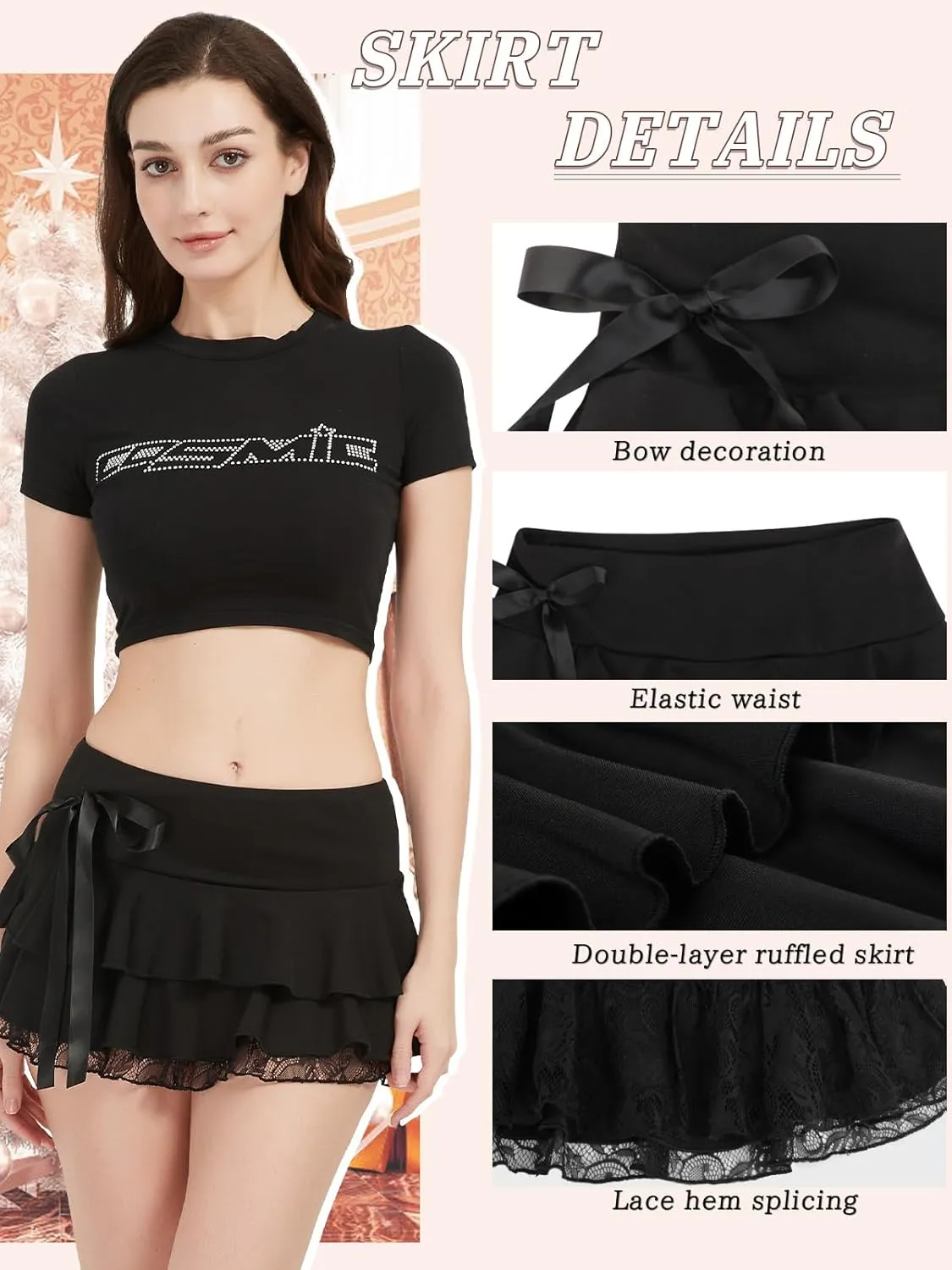 Monbessi Mini Skirt for Women Ruffle Skirt Lace Pleated Mini Skirt Gothic Short Skirt Halloween Sexy Skirt Two Layer