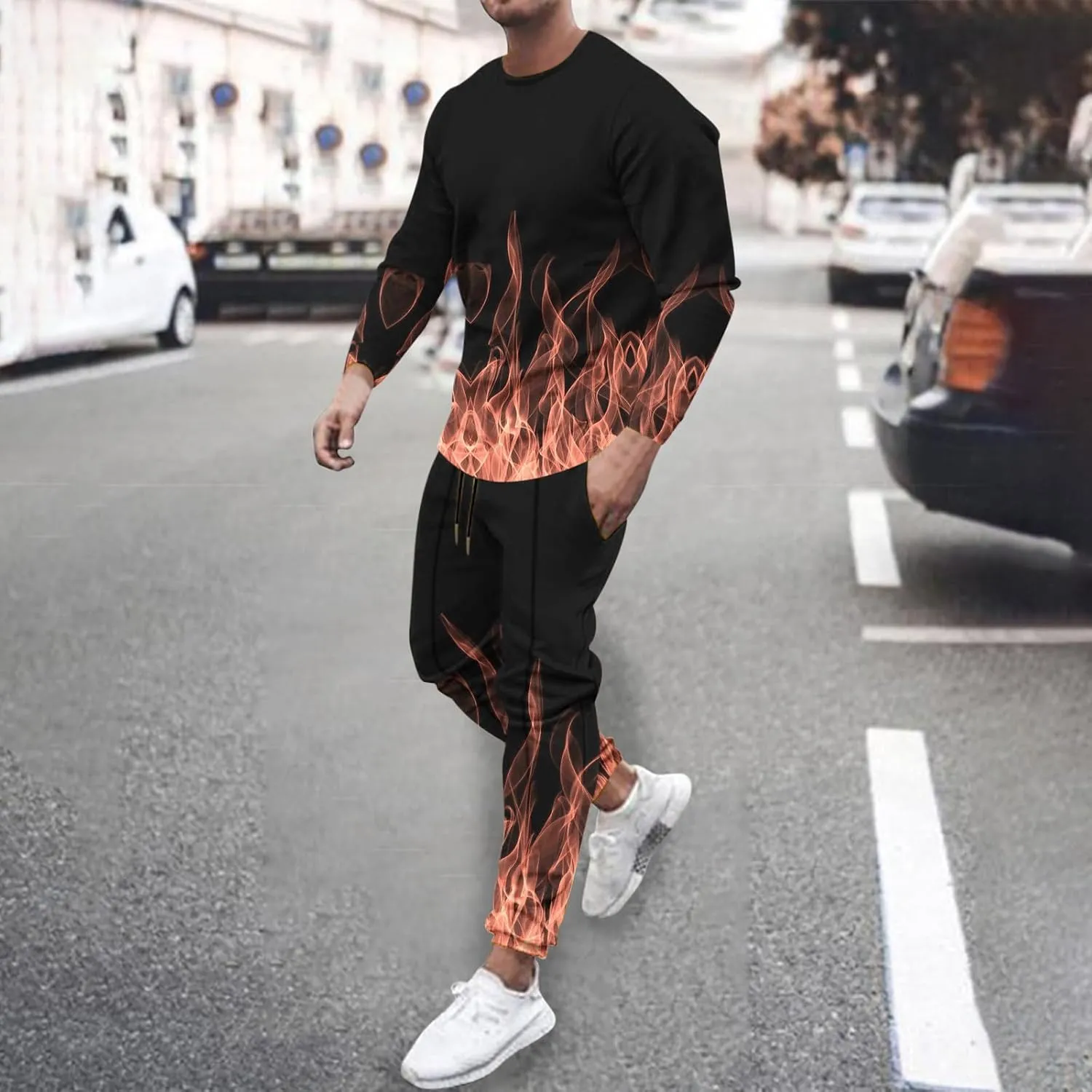 Muscularfit Men's Casual Tracksuit Long Sleeve Running Jogging Sweatsuit Causal Long Sleeve 3D Flame Print Sweatsuit 2 Piece