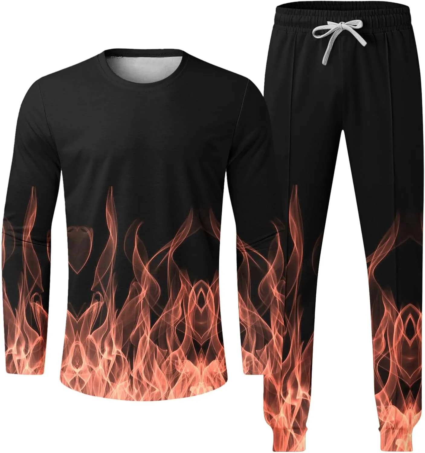 Muscularfit Men's Casual Tracksuit Long Sleeve Running Jogging Sweatsuit Causal Long Sleeve 3D Flame Print Sweatsuit 2 Piece