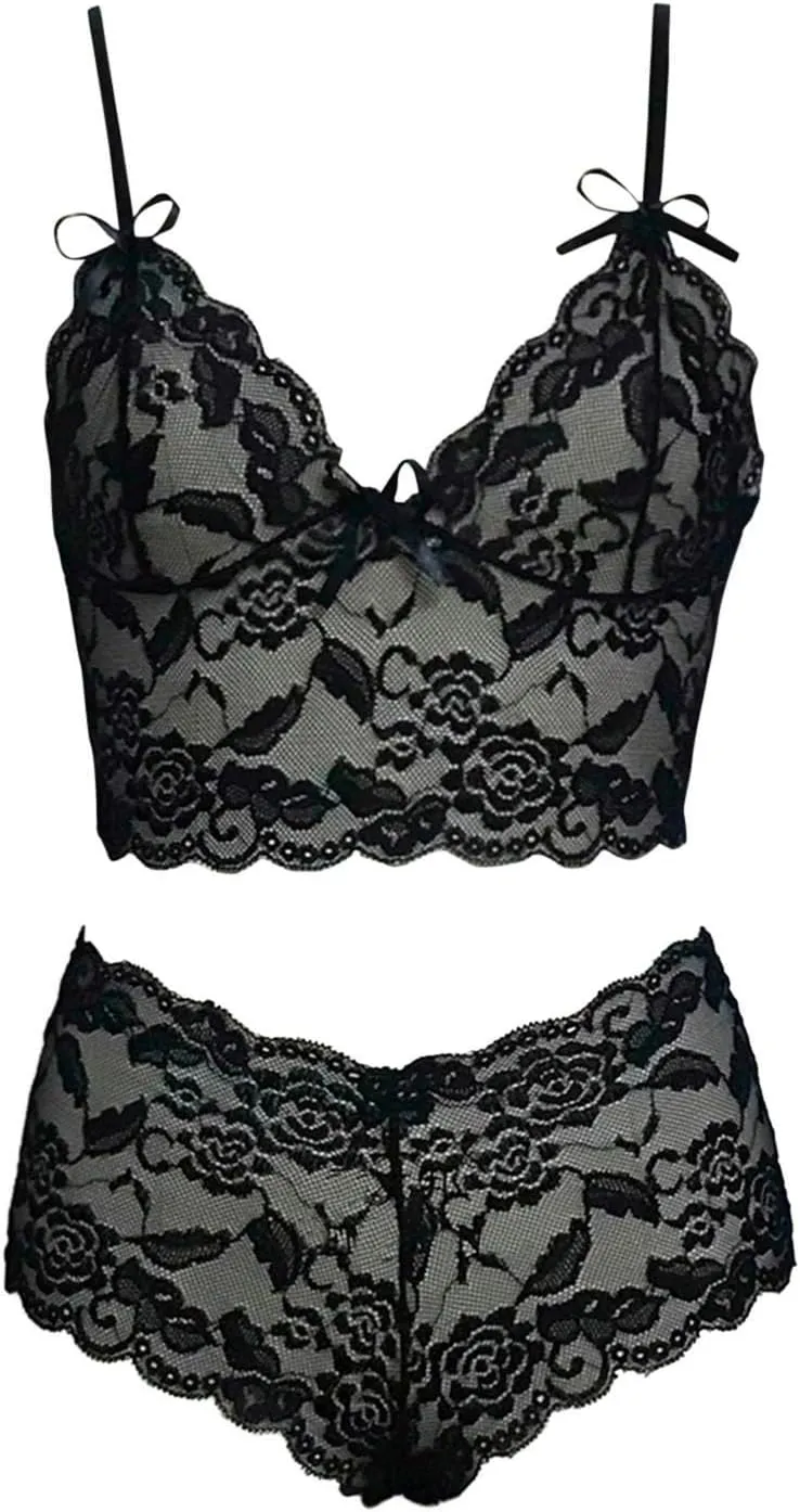 Novelty Underwear Nightgown Sexy Lingerie Women 2 Piece Bra Panty Sets Sheer Floral Bralette Lace Set Bodysuit