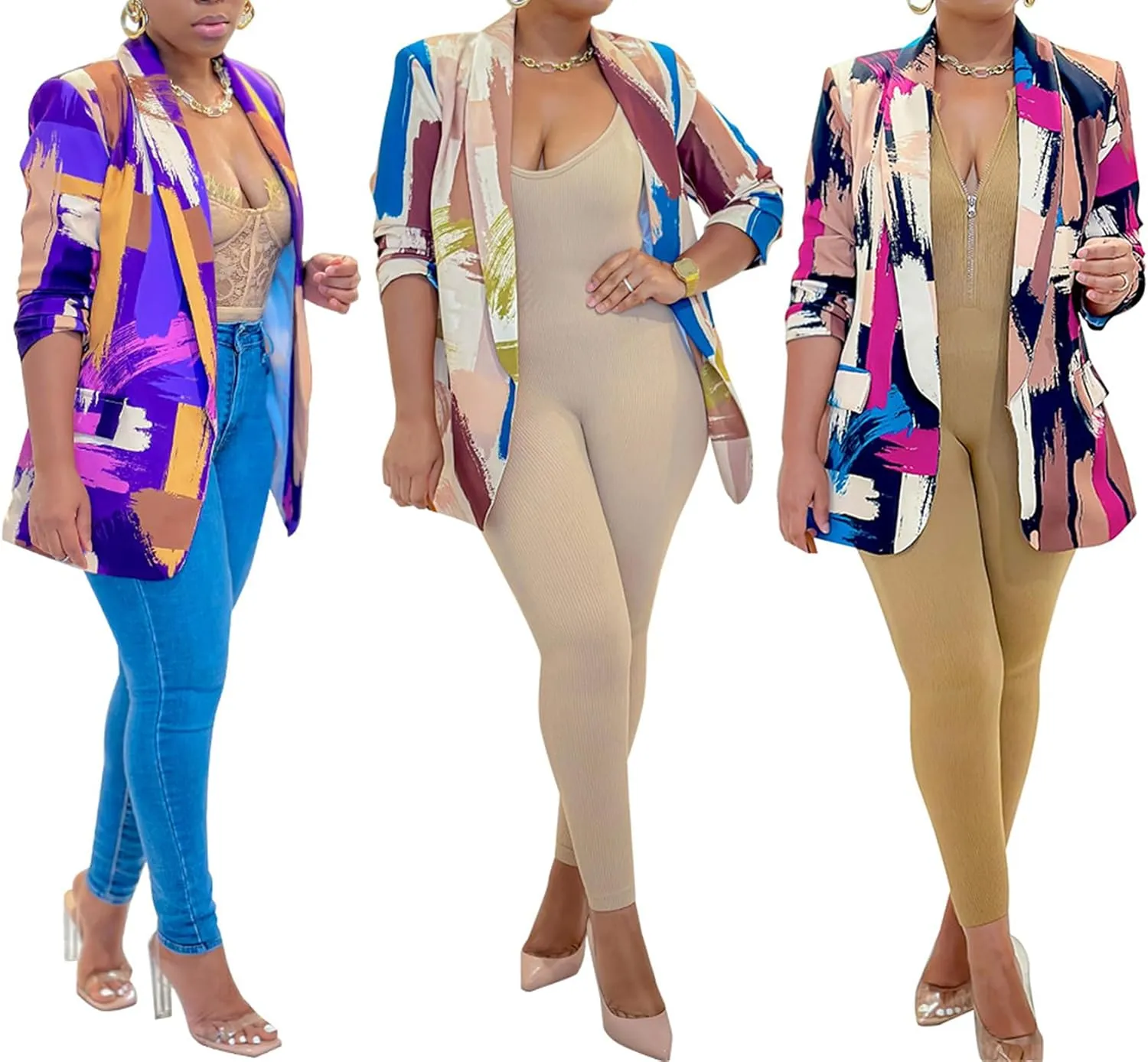 NRTHYE Womens Casual Blazer Jacket Multicolor Long Sleeve Open Front Work Office Blazer Jacket