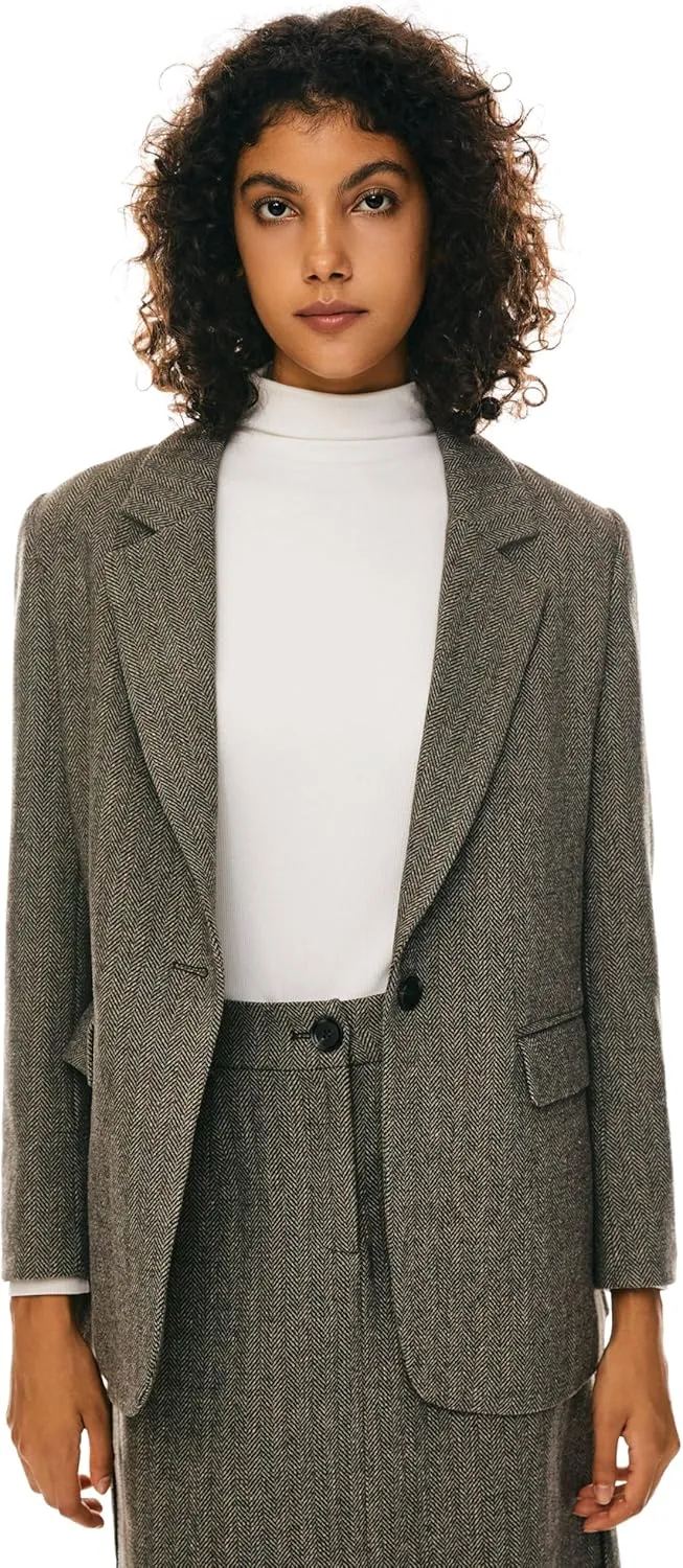 Orolay Women's Thick Long Sleeve Blazer Work Casual Open Front Jacket Wool Blend Office Fall One Button Suit
