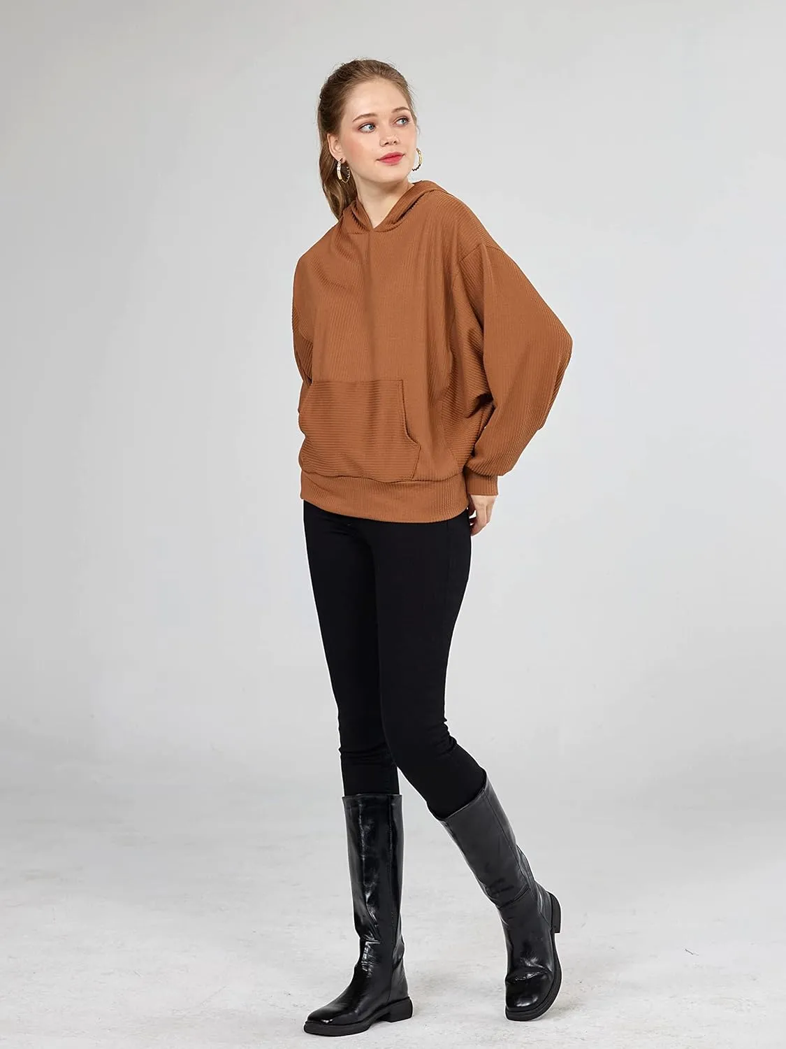 Oversized Dolman Long Sleeves Ribbed Hoodie Sweatshirt
