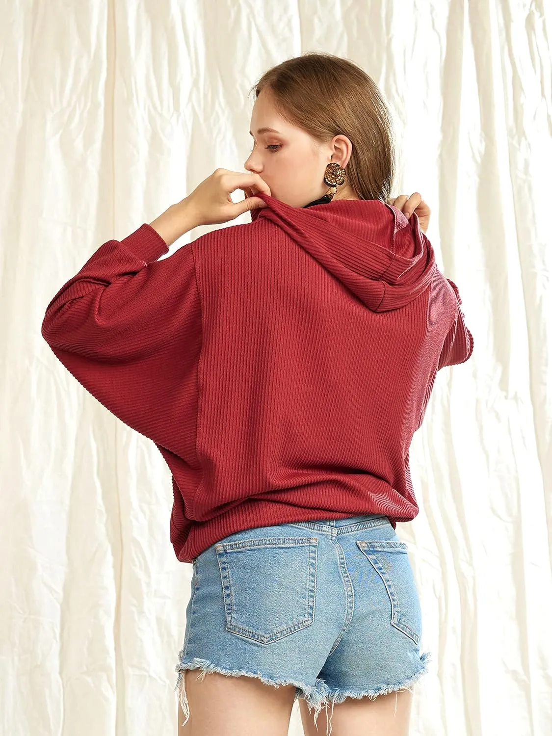 Oversized Dolman Long Sleeves Ribbed Hoodie Sweatshirt